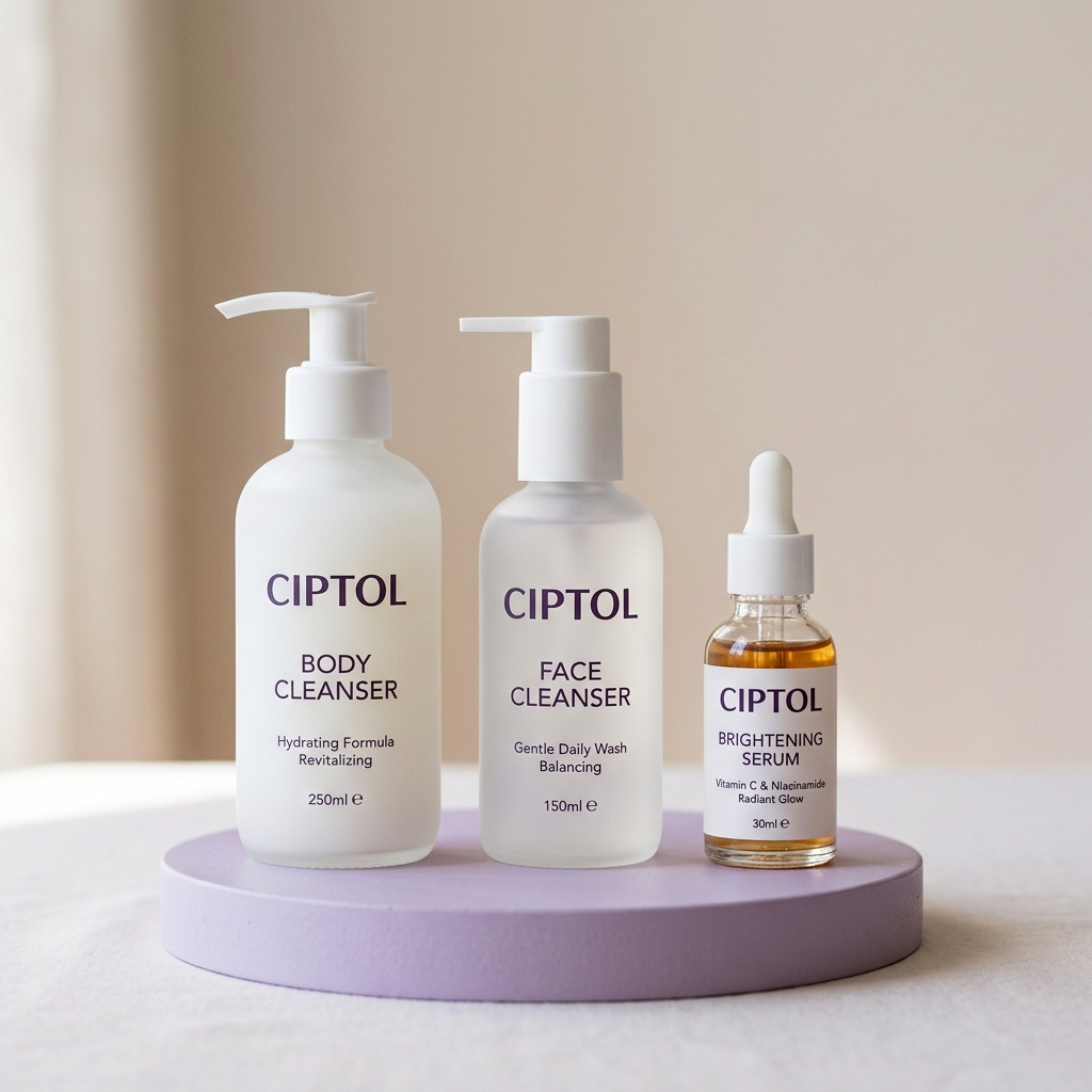 CIPTOL 3-Step Skincare System Trio on lavender podium